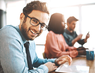 Aufkleber - Business meeting, portrait and man with tablet in office for planning, teamwork and creative solution discussion. Employment, face and manager with digital app for internet, search or communication