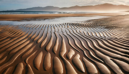 Wall Mural - close-up patterns on sandy beach after low tide on the ocean. Emphasize the intricate details of the sand patterns and the natural textures.