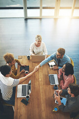 Aufkleber - Business people, handshake and meeting with team above for thank you, greeting or agreement at office. Top view of group or employees shaking hands in deal, collaboration or introduction at workplace