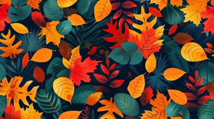 Wall Mural - Seamless background with flat illustration of seasonal foliage like autumn leaves.