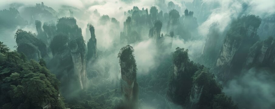 Aerial view of the Zhangjiajie National Forest Park in China, with towering rock formations shrouded by morning mist.