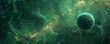 © Volodymyr - Mystical space background with deep green and gold nebulae, twinkling stars, and distant planets.