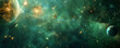 © Volodymyr - Mystical space background with deep green and gold nebulae, twinkling stars, and distant planets.