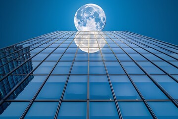 Wall Mural - A full moon reflected in a mirror-like skyscrapera??s glass facade
