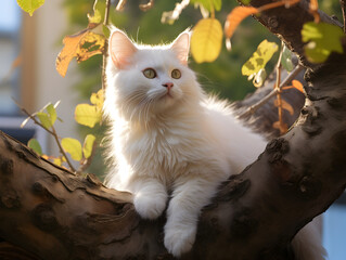 Wall Mural - Close up of a cat perched on a tree branch in a backyard