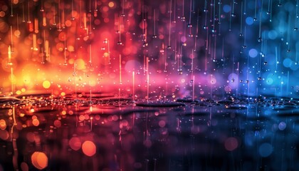 Wall Mural - Digital rainstorm with neon-colored droplets falling against a dark, reflective surface