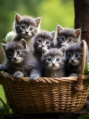 Wall Mural - Group of cute kittens sitting together in a basket, blurry background 
