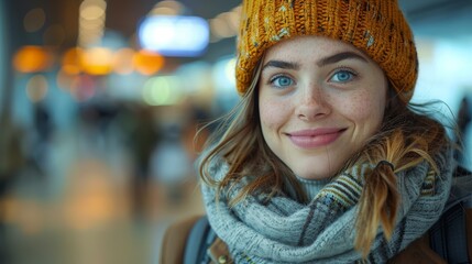 close-up shot of a joyful woman wearing a winter hat and scarf, conveying the warmth and coziness of