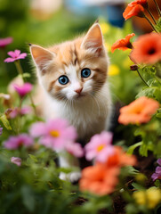 Close up of a cute curious kitten exploring a garden full of colorful flowers