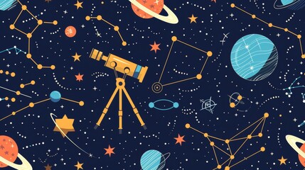 Wall Mural - seamless pattern of flat astronomy elements like telescopes and constellations for a celestial theme