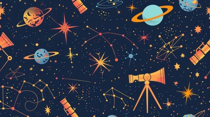 Wall Mural - seamless pattern of flat astronomy elements like telescopes and constellations for a celestial theme