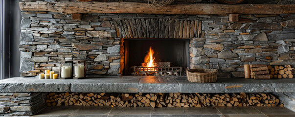 Rustic stone fireplace background with rough texture and natural grey and brown hues: Warm and inviting, perfect for a cozy and vintage look