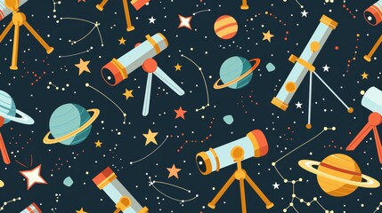 Wall Mural - seamless pattern of flat astronomy elements like telescopes and constellations for a celestial theme