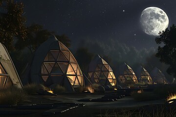Wall Mural - A full moon shining on a cluster of geodesic domes in a futuristic settlement