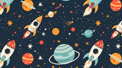 flat design of celestial themes like planets and rocket ships in a seamless pattern for a space them
