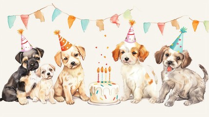 A watercolor painting of five puppies celebrating a birthday with a cake and party hats.