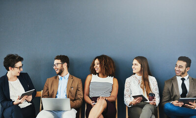Aufkleber - Business, people and office wall with tech, connection and device with employees for online networking. Recruitment, mock up and creative agency for opportunity, communication and job interview