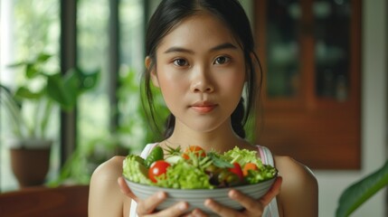 Wall Mural - Beautiful Asian woman holding a salad bowl and looking at the camera Beautiful girl in sportswear likes to eat clean vegetables after exercising for a healthy home. Diet and healthy food concept