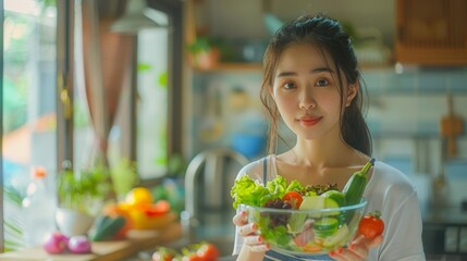 Wall Mural - Beautiful Asian woman holding a salad bowl and looking at the camera Beautiful girl in sportswear likes to eat clean vegetables after exercising for a healthy home. Diet and healthy food concept