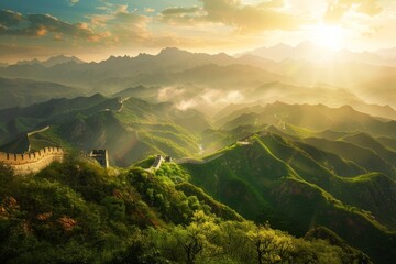 Wall Mural - The Great Wall of China at sunrise on a sunny day with a beautiful view for landscape photography. 