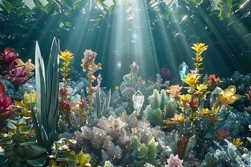 A garden where the plants are made of various precious stones, sparkling under the suna??s rays