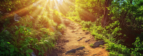 Wall Mural - Summer background with a scenic hiking trail through a green forest and bright sunlight: Refreshing and adventurous, perfect for a summer hike