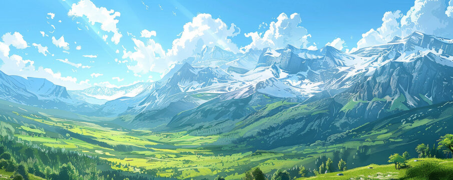 Summer background with a scenic mountain landscape, green valleys, and blue skies: Refreshing and picturesque, perfect for a summer mountain escape