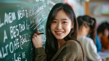 Smiling Asian female teacher writing on the blackboard Teach English and mathematics to students in the classroom. Female teacher writing on the blackboard wall and looking at the camera