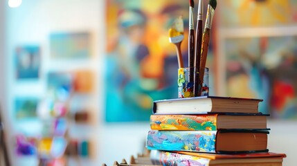 Wall Mural - paintbrushes in a jar on top of a stack of books in a colorful art studio.