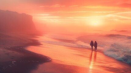 Wall Mural - Two Silhouettes Walking Along Sandy Beach at Sunset
