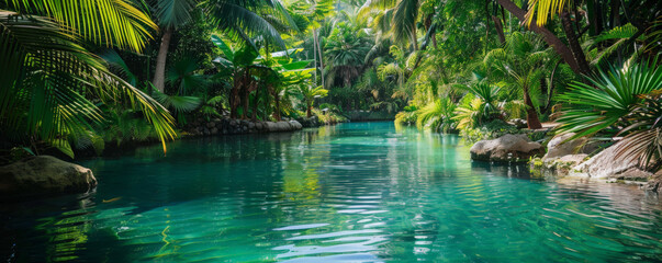 Tropical background with a serene lagoon surrounded by lush greenery: Tranquil and refreshing, ideal for a tropical escape