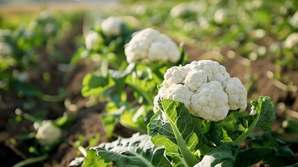 Cauliflower farm with white cauliflower heads.