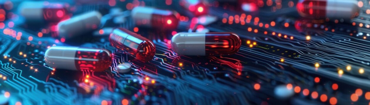 Close-up of red capsules and circuit board, blending technology and medication, representing innovation in healthcare and biotech industries.