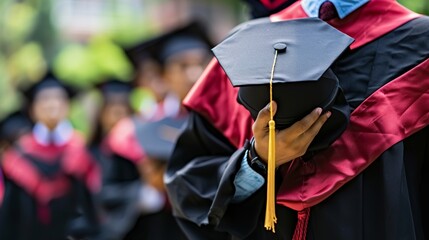 University graduates in graduation gowns hold graduation caps on graduation day