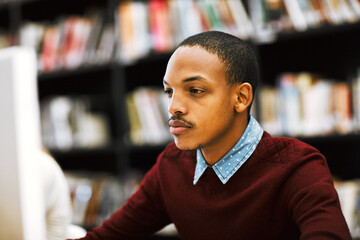 Poster - Research, university and man at computer in library for education, online course or project development. Thinking, studying and college student reading web exam for elearning, growth and planning.
