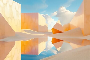 Wall Mural - A geometric mirage, with shapes creating illusions of oases and sand dunes