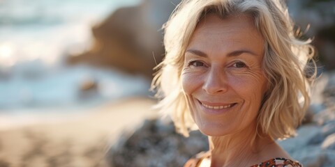 Gorgeous mature woman on the beach. Smiling elder on beach vacation. Ocean-side senior woman's joyful face. cheerful woman on vacation near the sea