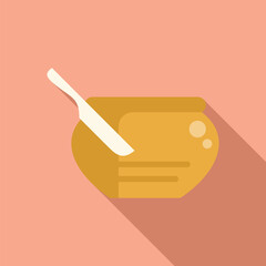 Poster - Knife spreading butter from ceramic butter dish on pink background, in flat design style