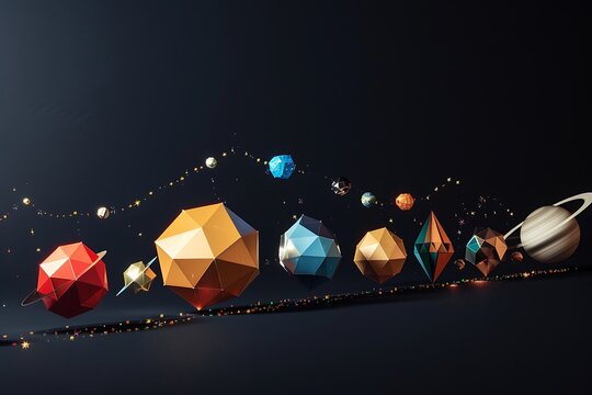 A geometric parade of planets, with each celestial body as a unique shape