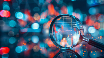 Fototapete - Discovering investment opportunities by analyzing financial charts and graphs with a magnifying glass