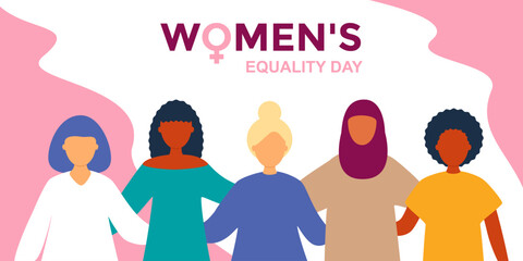 Wall Mural - Women's Equality Day.Group of different women together. Horizontal banner in flat style.Vector stock illustration.