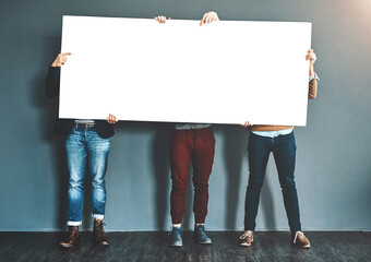 poster, teamwork and business people in office for news, announcement and information. collaboration