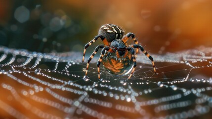 Spider on a Dew-Covered Web, A Stunning Macro Photograph