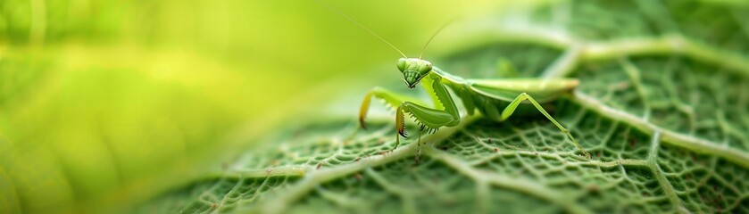 Green Praying Mantis Perched on a Leaf, Stunning Macro Photography