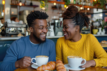 Happy young couple drinking coffee and laughing at cafe, wearing yellow sweater and blue shirt sitting together on Valentine's Day