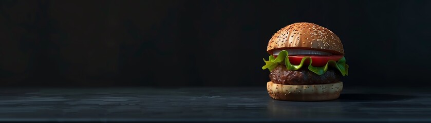Delicious gourmet burger with fresh vegetables, lettuce, and tomato on a dark background, perfect for food photography and restaurant menu design.