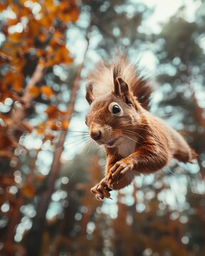 An agile squirrel caught mid-air against a blurred forest background, showcasing nature's vibrant autumn colors.