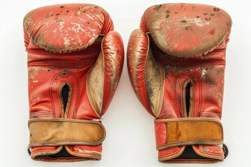 Wall Mural - aged leather boxing gloves isolated on white background