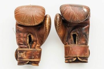 Wall Mural - aged leather boxing gloves isolated on white background