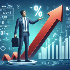 Interest rate and dividend concept. Businessman with percentage symbol and up arrow, Interest rates continue to increase, return on stocks and mutual funds, long term investment for retirement.